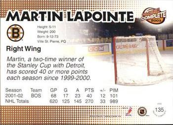 2002-03 Pacific Crown Royale - 2002-03 Pacific Complete #135 Martin Lapointe Back