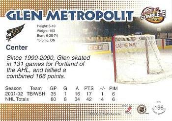 2002-03 Pacific Crown Royale - 2002-03 Pacific Complete #196 Glen Metropolit Back