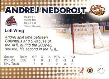 2002-03 Pacific Crown Royale - 2002-03 Pacific Complete #511 Andrej Nedorost Back