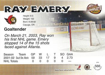 2002-03 Pacific Crown Royale - 2002-03 Pacific Complete #566 Ray Emery Back