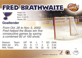2002-03 Pacific Crown Royale - 2002-03 Pacific Complete #159 Fred Brathwaite Back