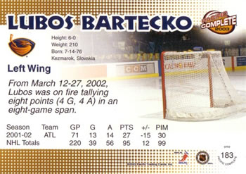 2002-03 Pacific Crown Royale - 2002-03 Pacific Complete #183 Lubos Bartecko Back