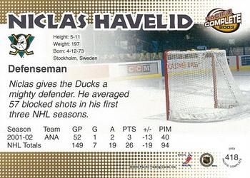 2002-03 Pacific Crown Royale - 2002-03 Pacific Complete #418 Niclas Havelid Back