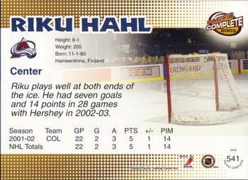 2002-03 Pacific Crown Royale - 2002-03 Pacific Complete #541 Riku Hahl Back