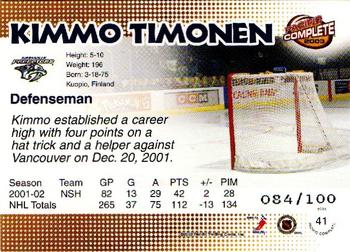 2002-03 Pacific Crown Royale - 2002-03 Pacific Complete Red #41 Kimmo Timonen Back