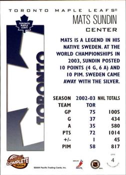 2003-04 Pacific Crown Royale - 2003-04 Pacific Complete #4 Mats Sundin Back