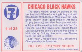 1985-86 7-Eleven NHL Collectors' Series #4 Denis Savard / Doug Wilson Back