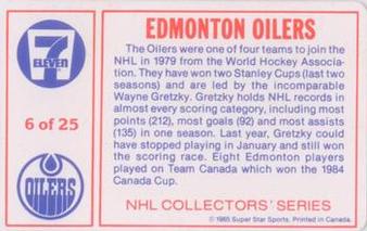 1985-86 7-Eleven NHL Collectors' Series #6 Paul Coffey / Jari Kurri Back