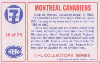 1985-86 7-Eleven NHL Collectors' Series #10 Larry Robinson / Guy Carbonneau Back