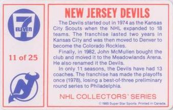 1985-86 7-Eleven NHL Collectors' Series #11 Mel Bridgman / Chico Resch Back