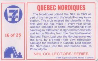 1985-86 7-Eleven NHL Collectors' Series #16 Peter Stastny / Michel Goulet Back