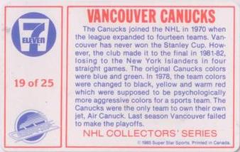 1985-86 7-Eleven NHL Collectors' Series #19 Patrik Sundstrom / Stan Smyl Back