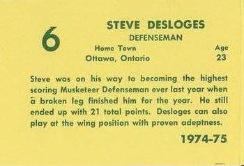 1974-75 Sioux City Musketeers (USHL) #6 Steve Desloges Back