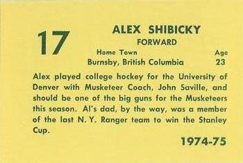 1974-75 Sioux City Musketeers (USHL) #14 Alex Shibicky Back
