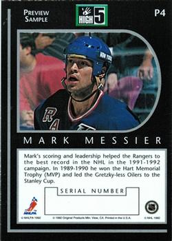 1992 High-5 Previews #P4 Mark Messier Back