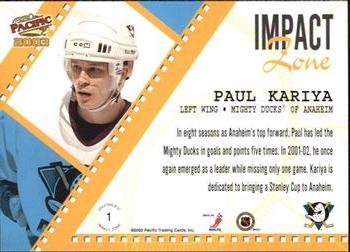 2002-03 Pacific - Impact Zone #1 Paul Kariya Back