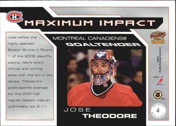 2002-03 Pacific - Maximum Impact #4 Jose Theodore Back