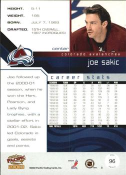 2002-03 Pacific - Red #96 Joe Sakic Back