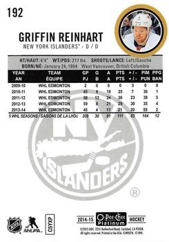 2014-15 O-Pee-Chee Platinum #192 Griffin Reinhart Back