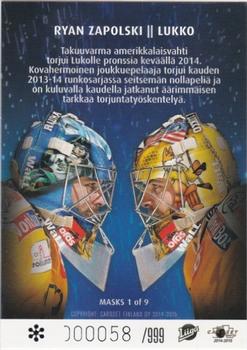 2014-15 Cardset Finland - Masks Limited Special Edition #MASKS1 Ryan Zapolski Back