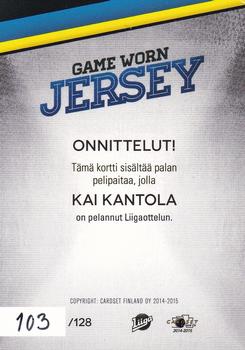 2014-15 Cardset Finland - Game Worn Jersey Series 2 Exchange #NNO Kai Kantola Back