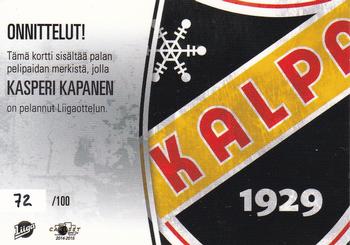 2014-15 Cardset Finland - Patch Series 2 Exchange #NNO Kasperi Kapanen Back