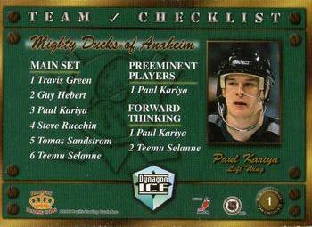 1998-99 Pacific Dynagon Ice - Team Checklists #1 Paul Kariya Back
