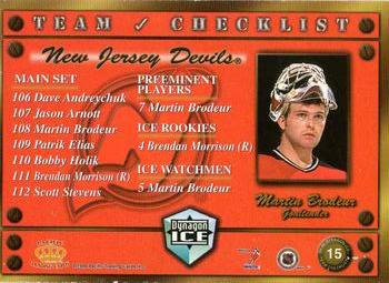 1998-99 Pacific Dynagon Ice - Team Checklists #15 Martin Brodeur Back