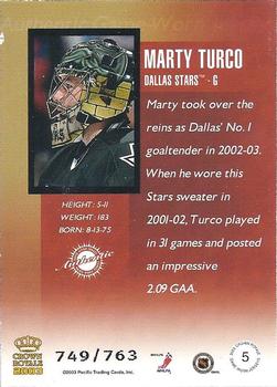 2002-03 Pacific Crown Royale - Game-Worn Jerseys #5 Marty Turco Back