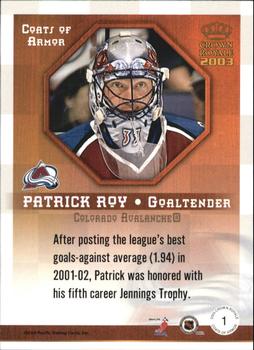 2002-03 Pacific Crown Royale - Coats of Armor #1 Patrick Roy Back