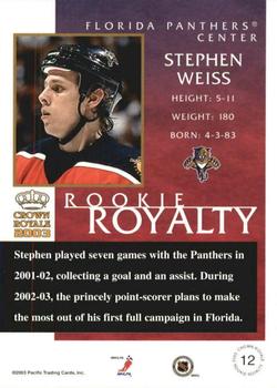 2002-03 Pacific Crown Royale - Rookie Royalty #12 Stephen Weiss Back