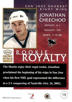 2002-03 Pacific Crown Royale - Rookie Royalty #19 Jonathan Cheechoo Back