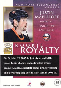 2002-03 Pacific Crown Royale - Rookie Royalty #15 Justin Mapletoft Back