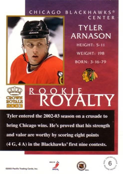 2002-03 Pacific Crown Royale - Rookie Royalty #6 Tyler Arnason Back