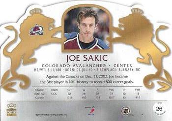 2002-03 Pacific Crown Royale - Red #26 Joe Sakic Back