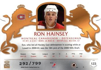 2002-03 Pacific Crown Royale - Purple #123 Ron Hainsey Back
