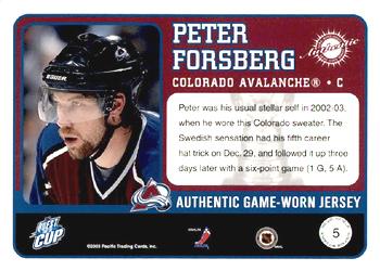 2002-03 Pacific Quest for the Cup - Jerseys #5 Peter Forsberg Back