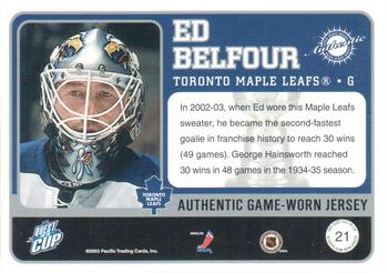 2002-03 Pacific Quest for the Cup - Jerseys #21 Ed Belfour Back