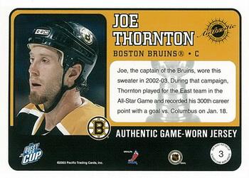 2002-03 Pacific Quest for the Cup - Jerseys #3 Joe Thornton Back