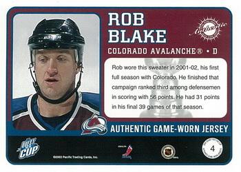2002-03 Pacific Quest for the Cup - Jerseys #4 Rob Blake Back
