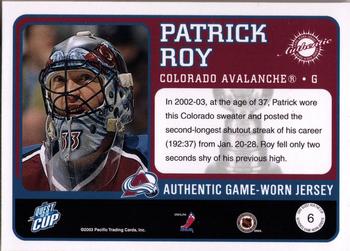 2002-03 Pacific Quest for the Cup - Jerseys #6 Patrick Roy Back