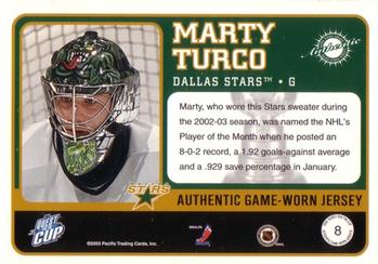 2002-03 Pacific Quest for the Cup - Jerseys #8 Marty Turco Back