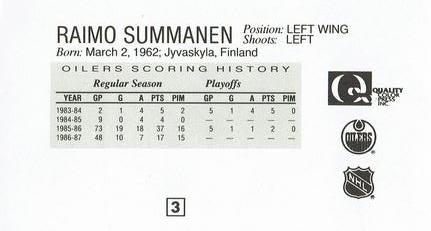 1988-89 Edmonton Oilers Action Magazine Tenth Anniversary Commemerative #3 Raimo Summanen Back