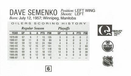 1988-89 Edmonton Oilers Action Magazine Tenth Anniversary Commemerative #6 Dave Semenko Back