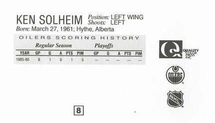 1988-89 Edmonton Oilers Action Magazine Tenth Anniversary Commemerative #8 Ken Solheim Back