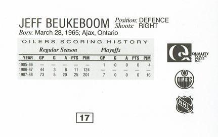 1988-89 Edmonton Oilers Action Magazine Tenth Anniversary Commemerative #17 Jeff Beukeboom Back