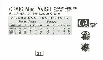 1988-89 Edmonton Oilers Action Magazine Tenth Anniversary Commemerative #21 Craig MacTavish Back