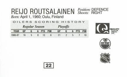 1988-89 Edmonton Oilers Action Magazine Tenth Anniversary Commemerative #22 Reijo Ruotsalainen Back