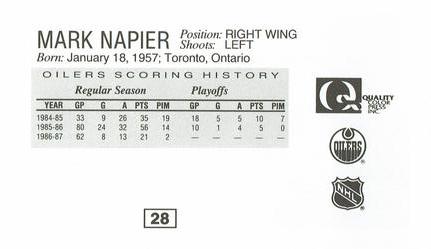 1988-89 Edmonton Oilers Action Magazine Tenth Anniversary Commemerative #28 Mark Napier Back
