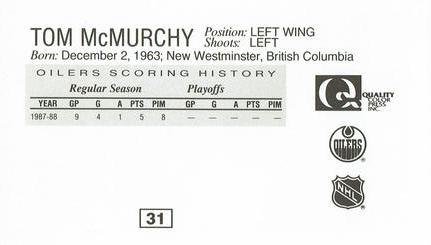 1988-89 Edmonton Oilers Action Magazine Tenth Anniversary Commemerative #31 Tom McMurchy Back